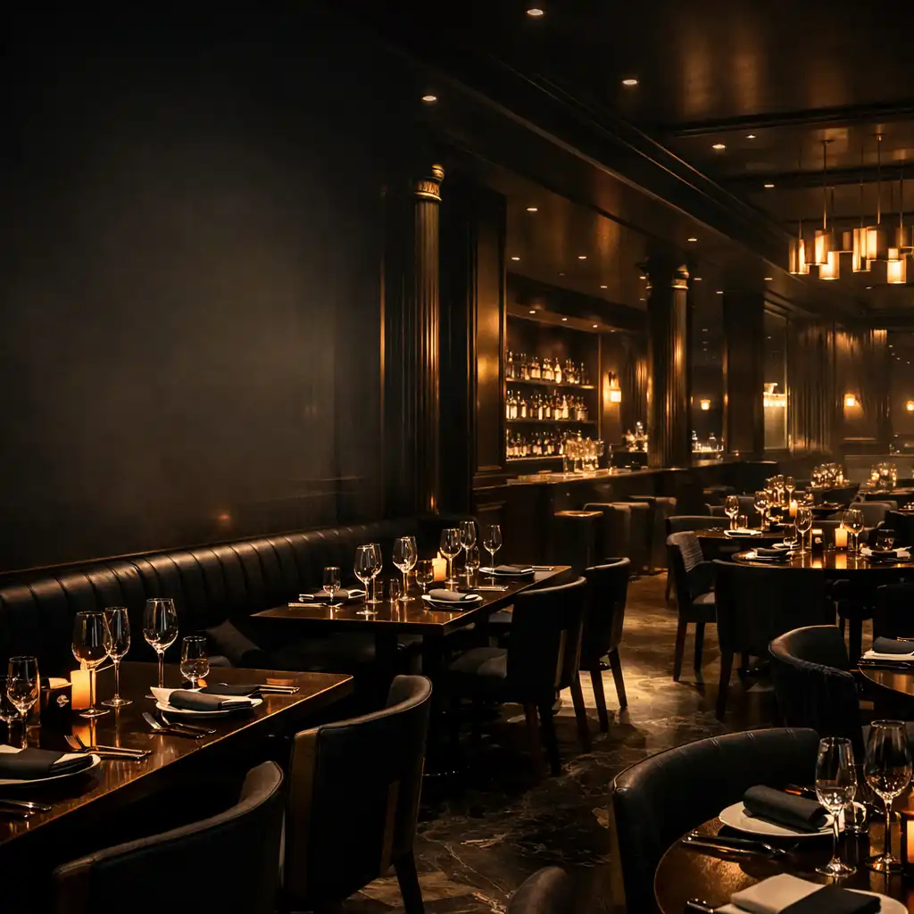 Ekskluzywne wnętrze restauracji Kraveloria z ciemną stylistyką i złotymi detalami