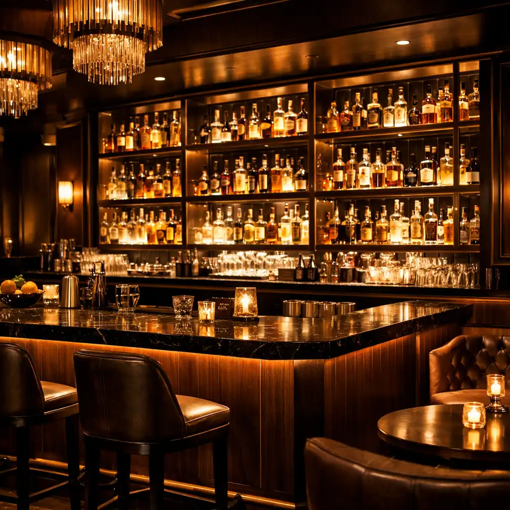 Stylowy lounge bar z podświetlanymi półkami i eleganckim wystrojem